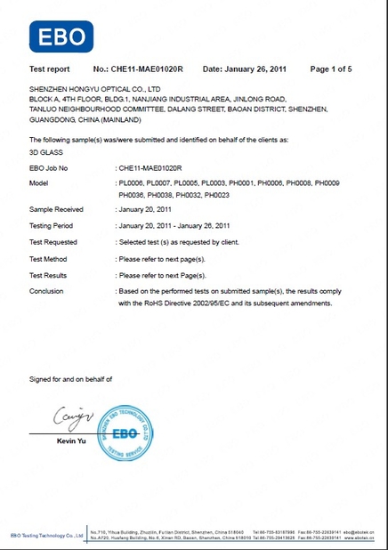 China SHENZHEN HONY OPTICAL CO.,LTD Certificações